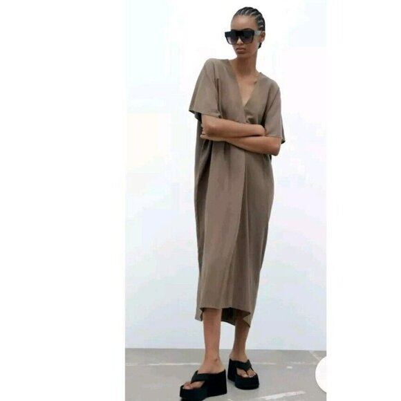 ZARA Linen Lyocell Tunic Dress with Pleat s  Khaki Kaftan 4877 … - Picture 3 of 6